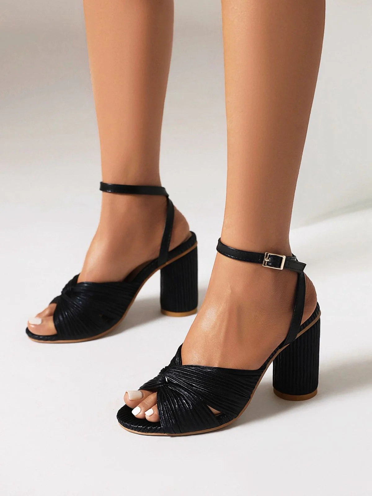 Vintage Pleated Twist Peep Toe Buckle Chunky High Heels - Image 10