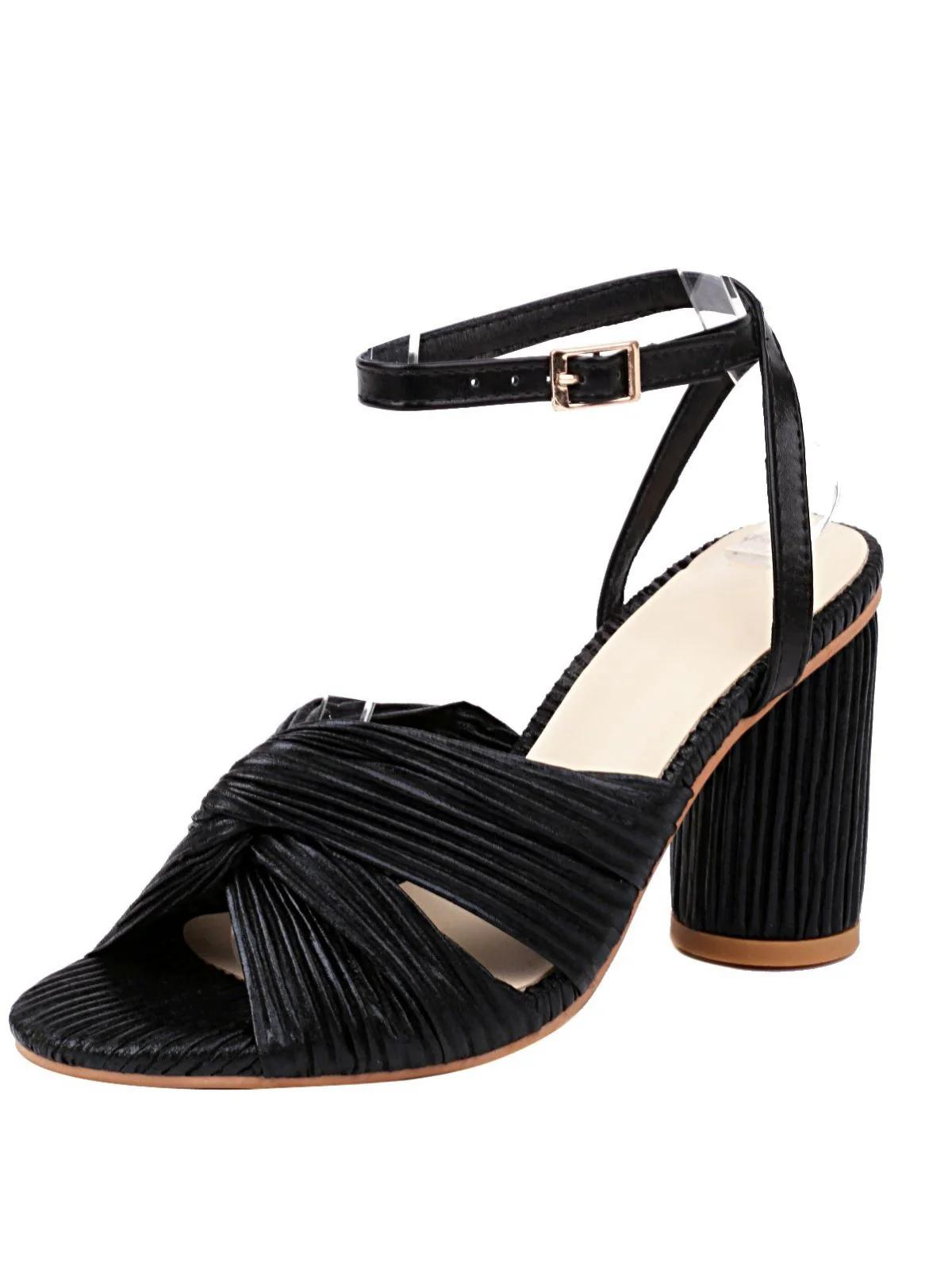 Vintage Pleated Twist Peep Toe Buckle Chunky High Heels - Image 2