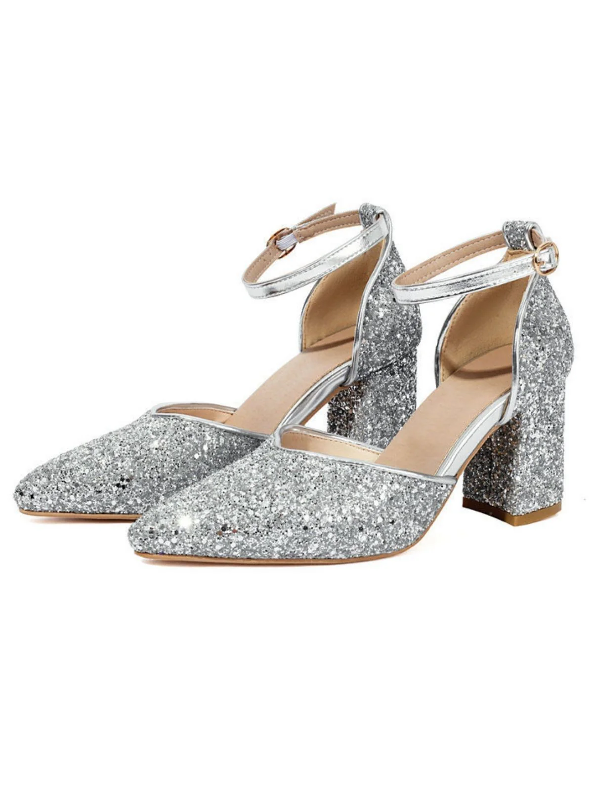 Vintage Pointed Toe Glitter Chunky Heel Pumps - Image 3