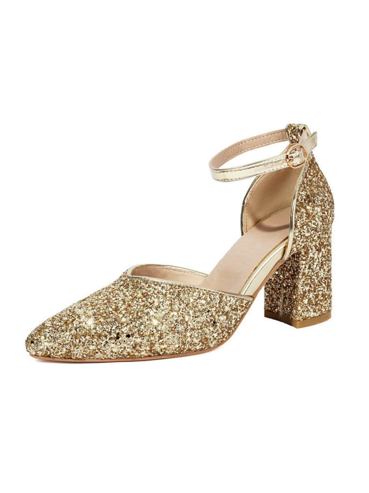 Vintage Pointed Toe Glitter Chunky Heel Pumps - Image 6