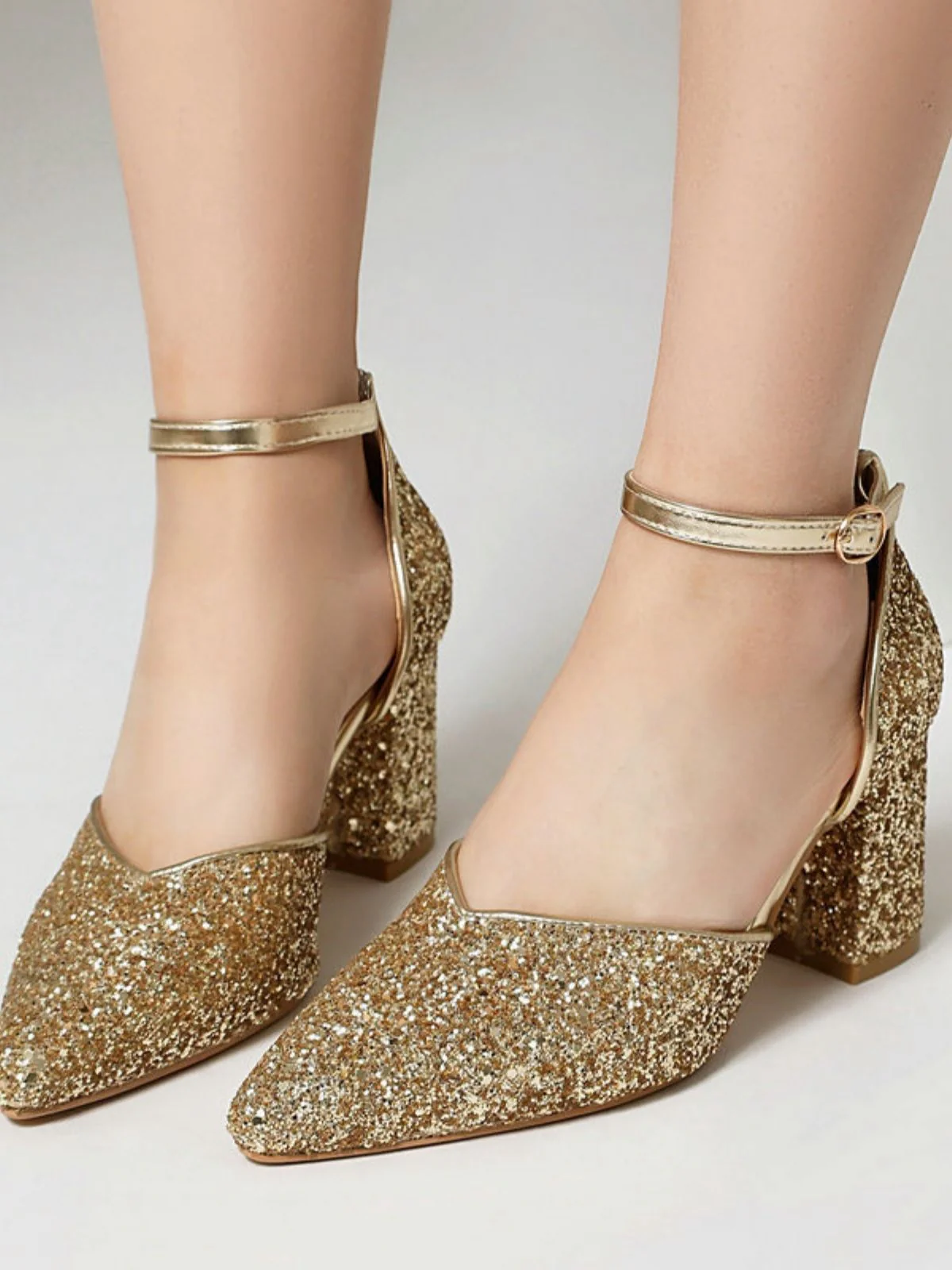 Vintage Pointed Toe Glitter Chunky Heel Pumps - Image 7