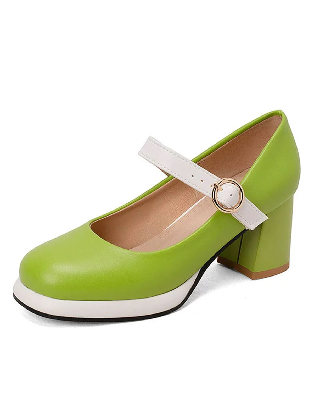 Vintage PU Round Toe Mary Janes Chunky Heels - Image 3