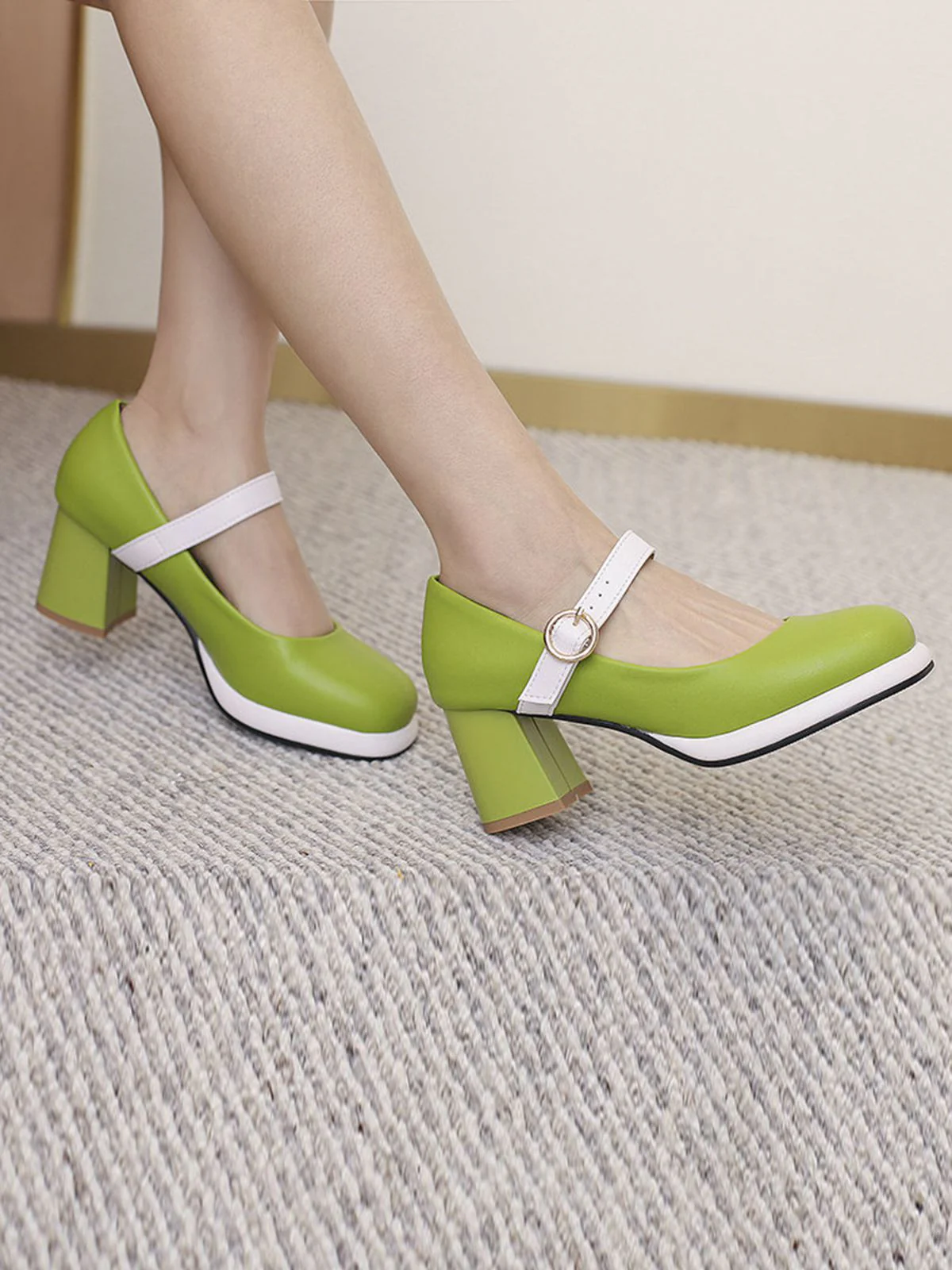 Vintage PU Round Toe Mary Janes Chunky Heels - Image 4