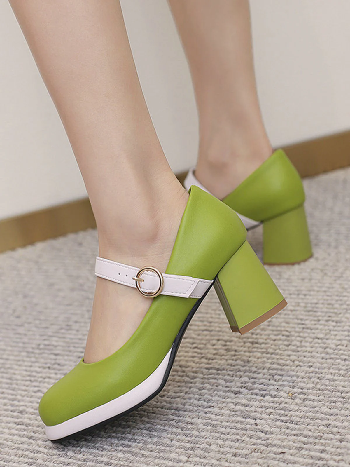Vintage PU Round Toe Mary Janes Chunky Heels - Image 5
