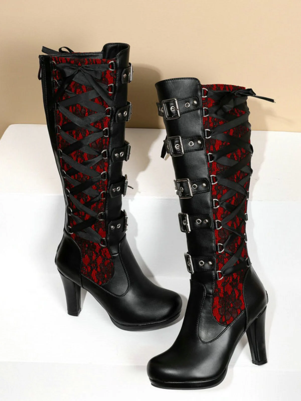 Vintage Punk Lace-Up Lace High Heel Boots - Image 3