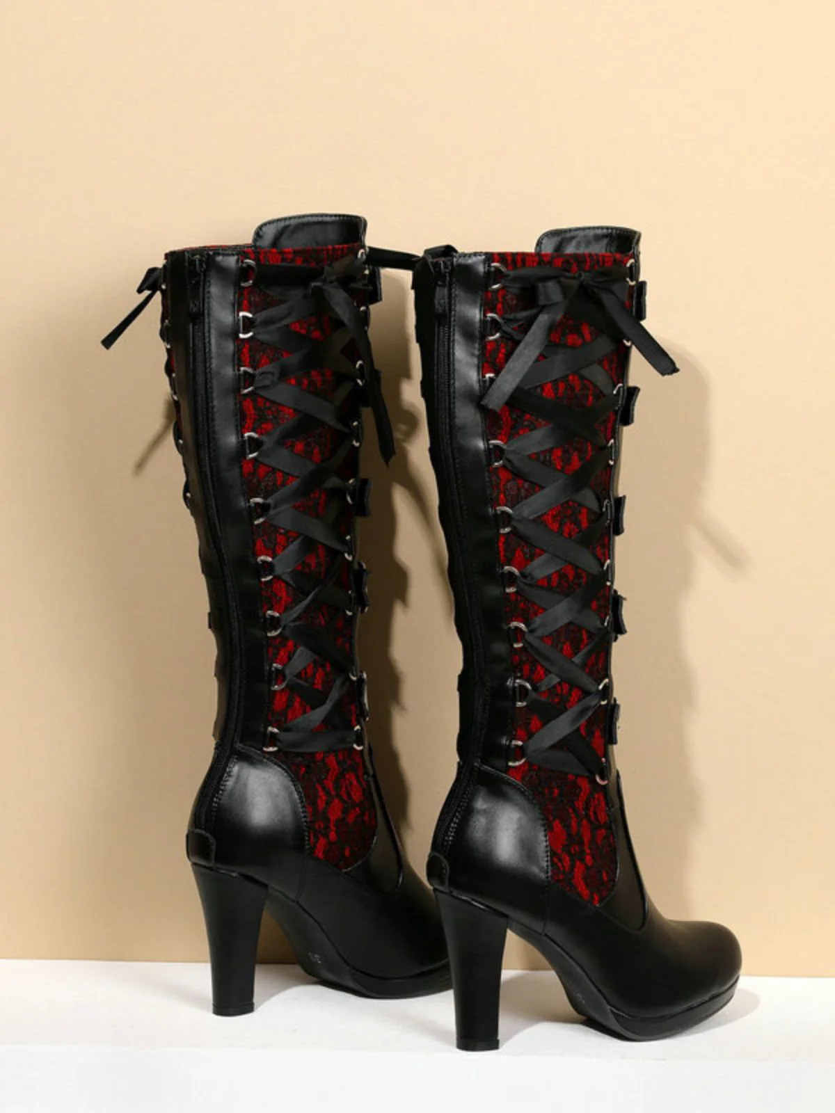 Vintage Punk Lace-Up Lace High Heel Boots - Image 4