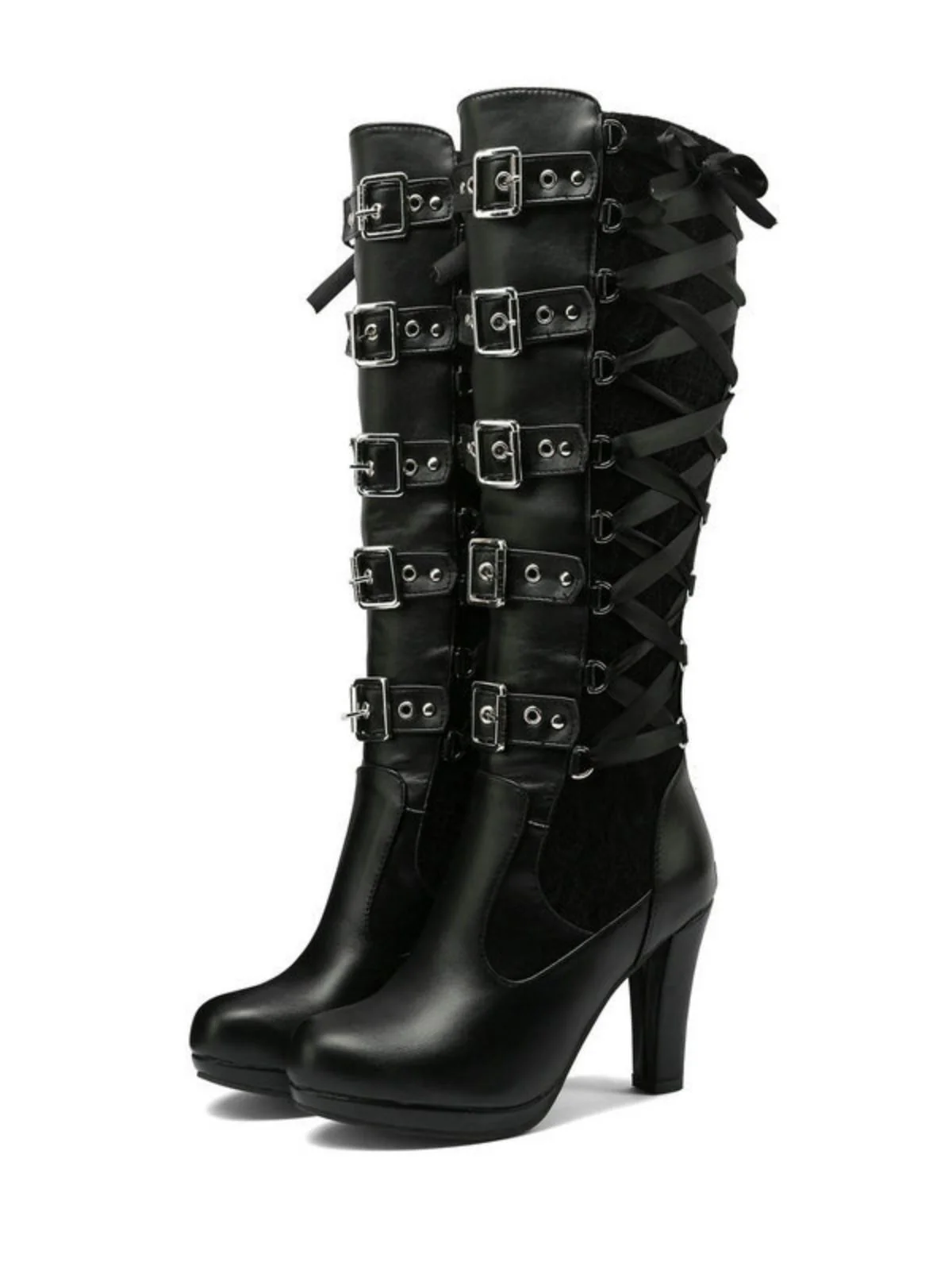 Vintage Punk Lace-Up Lace High Heel Boots - Image 5