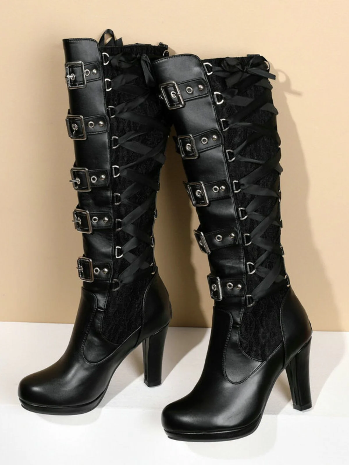 Vintage Punk Lace-Up Lace High Heel Boots - Image 7
