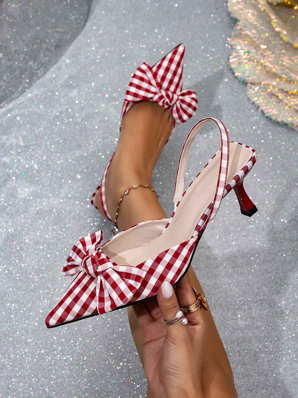 Vintage Red Plaid Bowknot Heels - Image 4