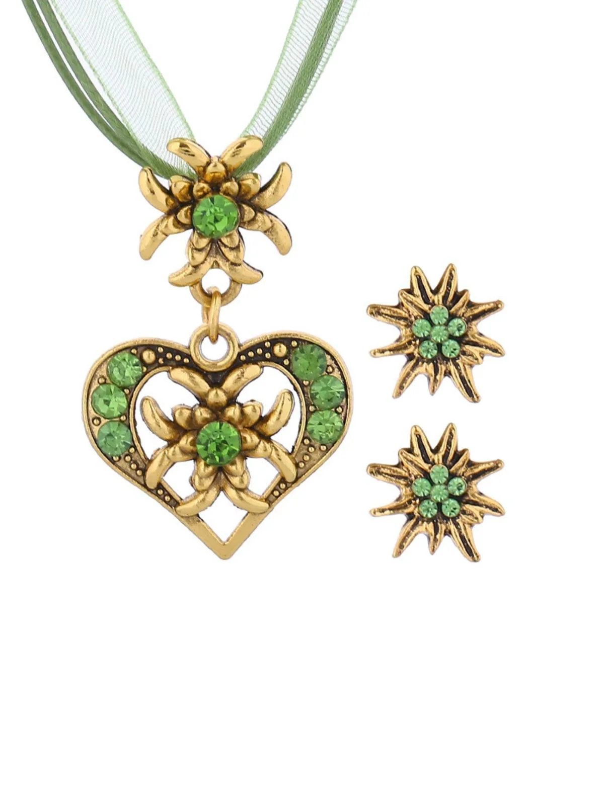 Vintage Rhinestone Edelweiss Heart Ribbon Necklace & Earring Set - Image 10