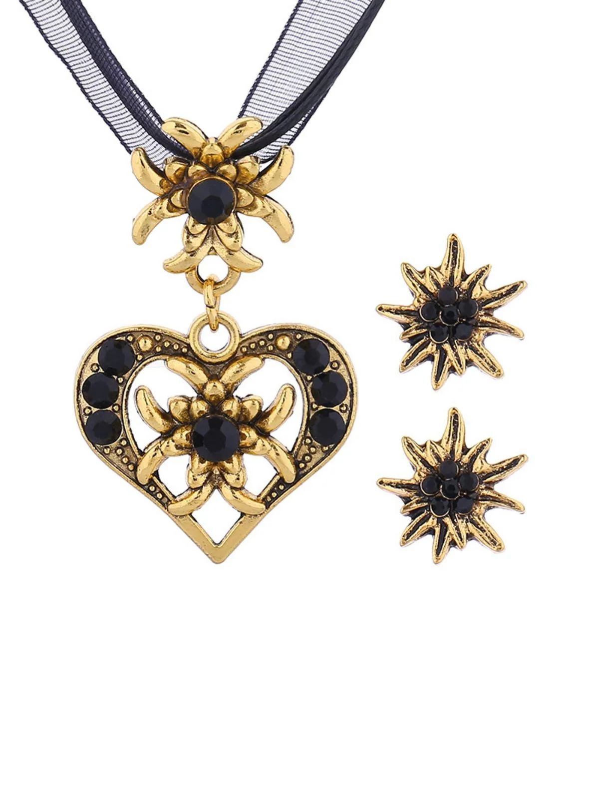 Vintage Rhinestone Edelweiss Heart Ribbon Necklace & Earring Set - Image 12