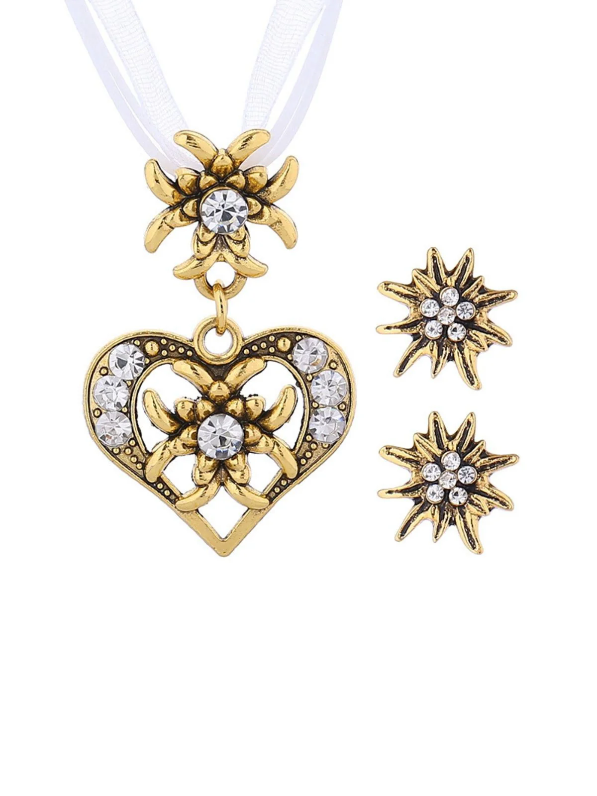 Vintage Rhinestone Edelweiss Heart Ribbon Necklace & Earring Set - Image 2