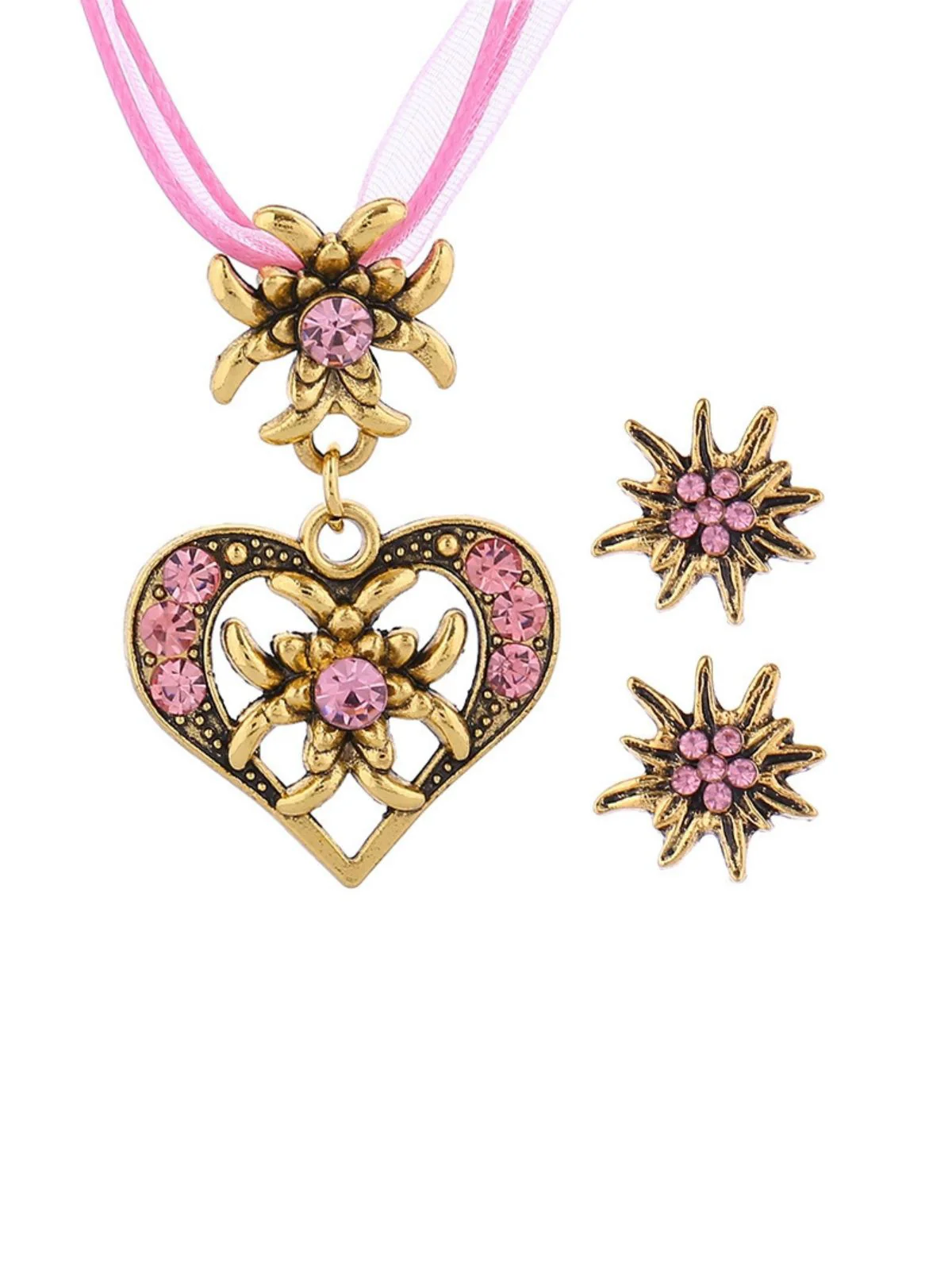 Vintage Rhinestone Edelweiss Heart Ribbon Necklace & Earring Set - Image 3