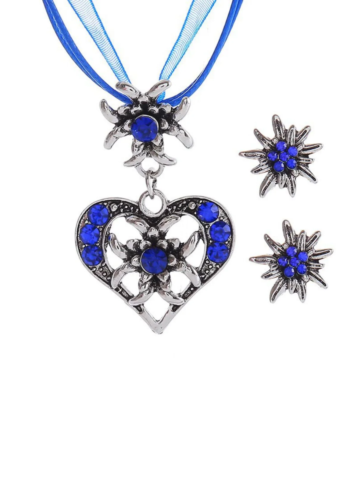 Vintage Rhinestone Edelweiss Heart Ribbon Necklace & Earring Set - Image 4