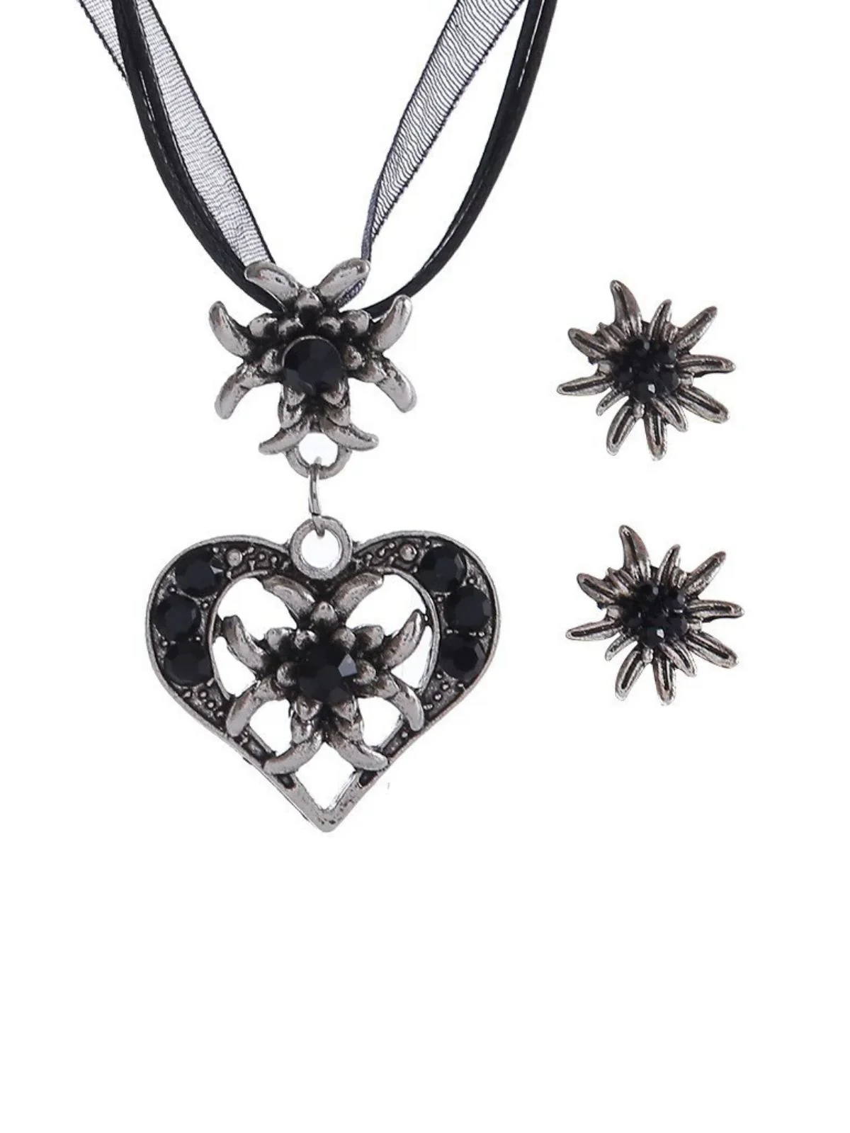 Vintage Rhinestone Edelweiss Heart Ribbon Necklace & Earring Set - Image 5