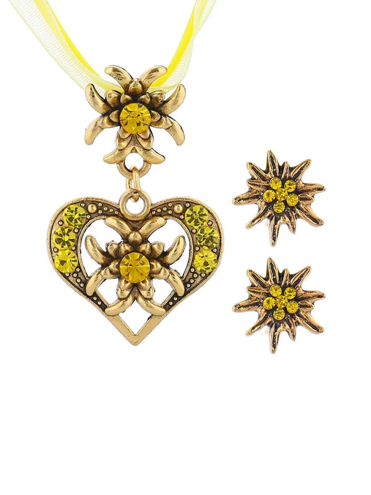 Vintage Rhinestone Edelweiss Heart Ribbon Necklace & Earring Set - Image 6