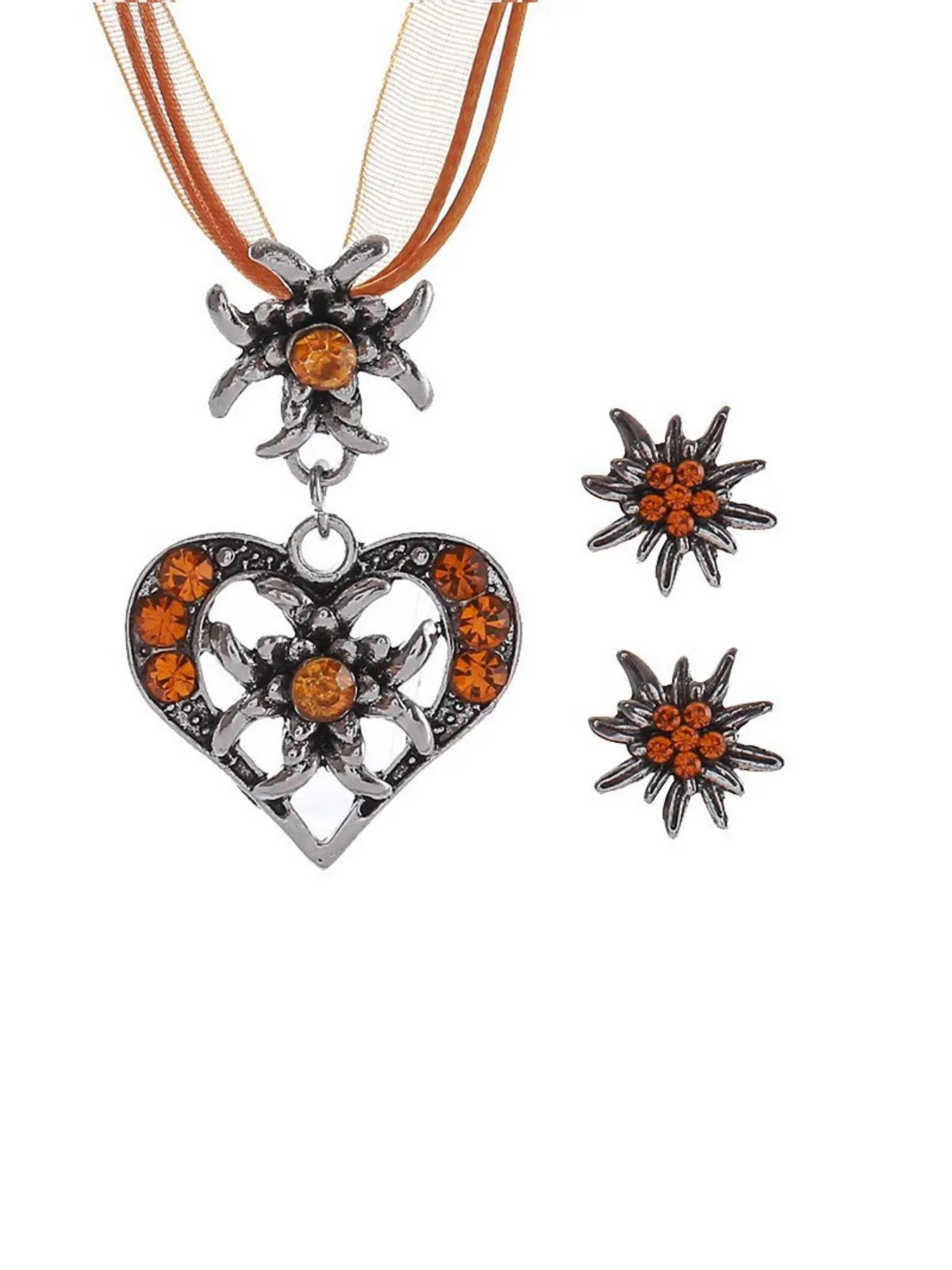 Vintage Rhinestone Edelweiss Heart Ribbon Necklace & Earring Set - Image 7
