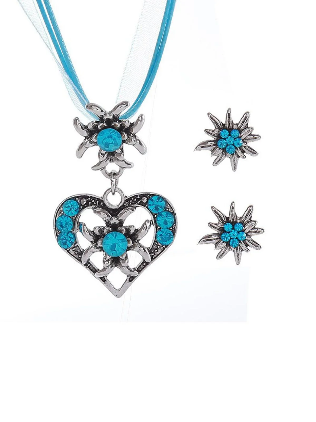 Vintage Rhinestone Edelweiss Heart Ribbon Necklace & Earring Set - Image 8