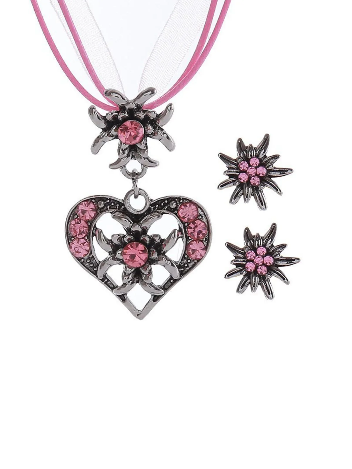 Vintage Rhinestone Edelweiss Heart Ribbon Necklace & Earring Set - Image 9