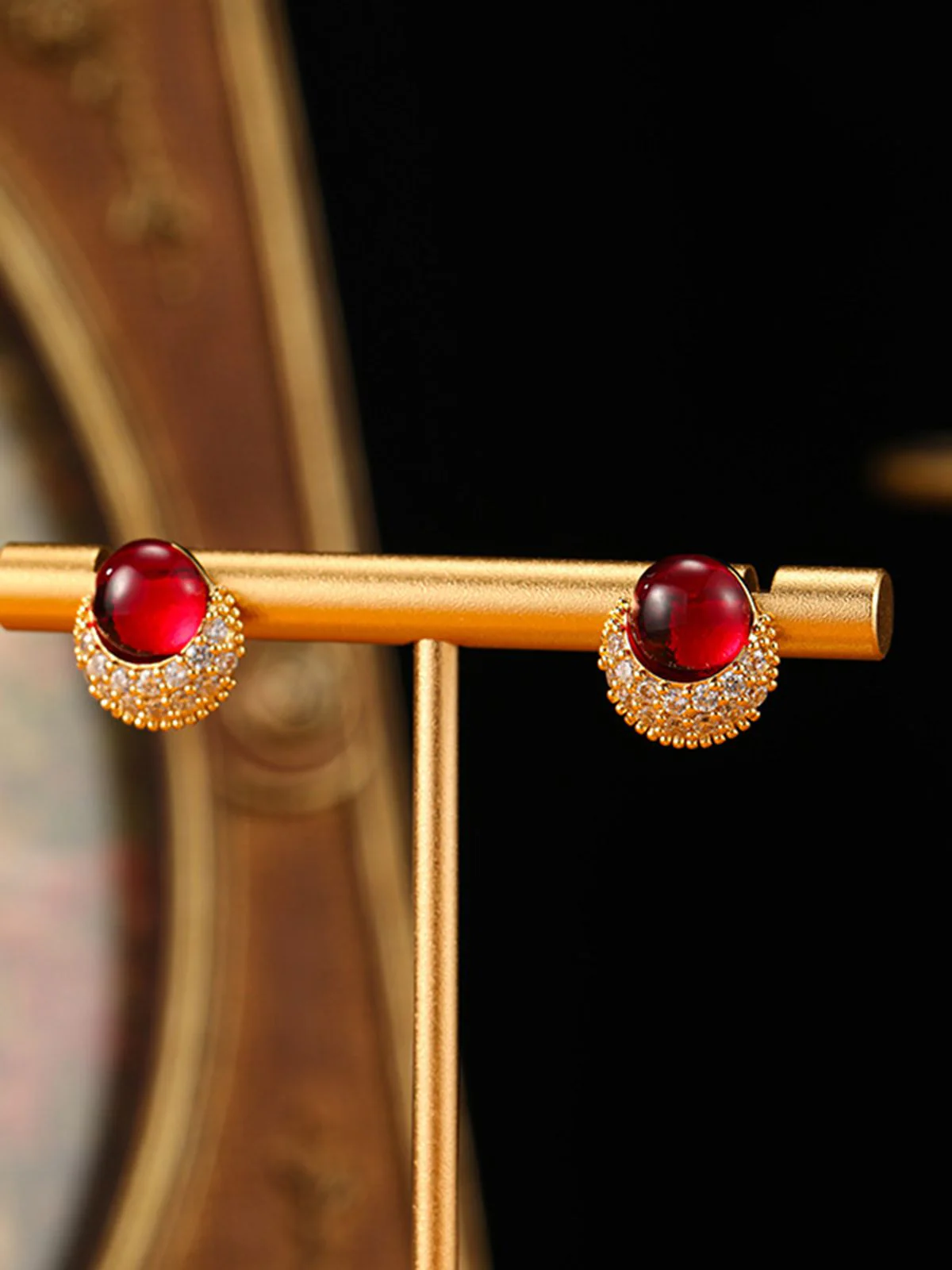 Vintage Rhinestone Ruby Alloy Stud Earrings - Image 2
