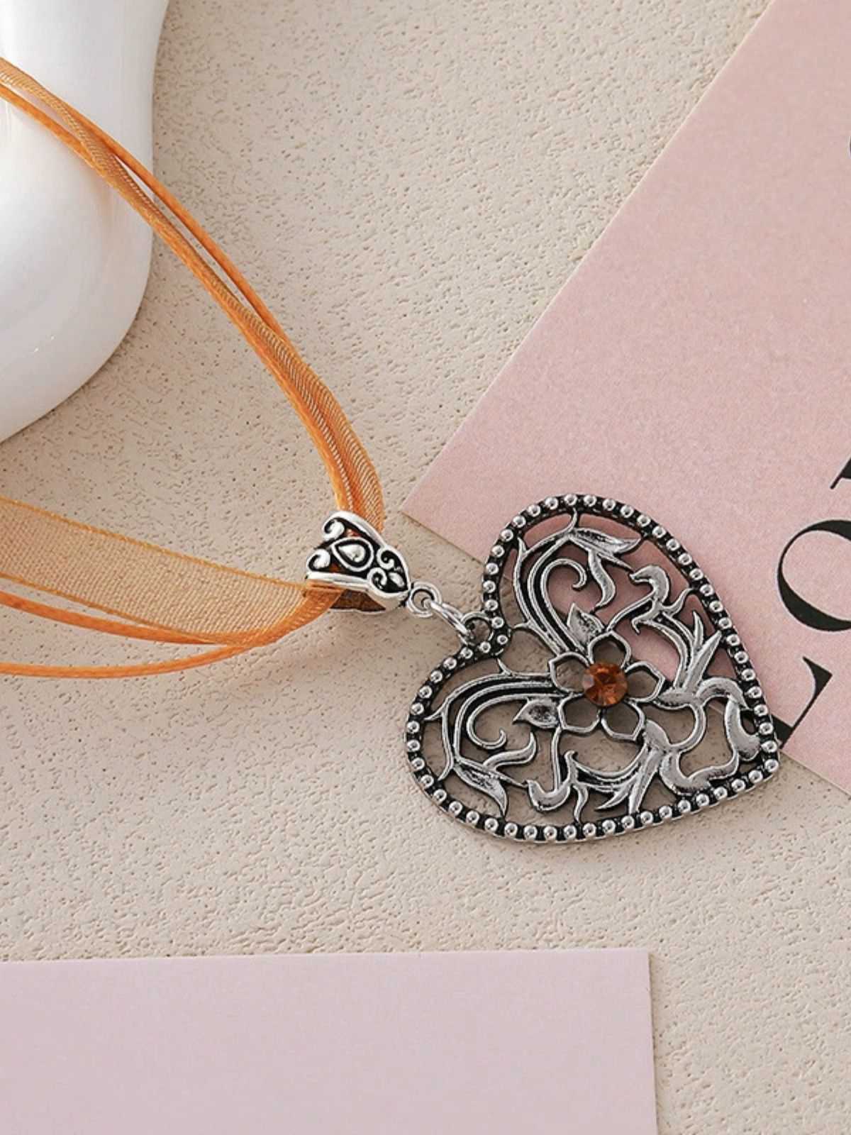 Vintage Ribbon Heart Flower Necklace - Image 8