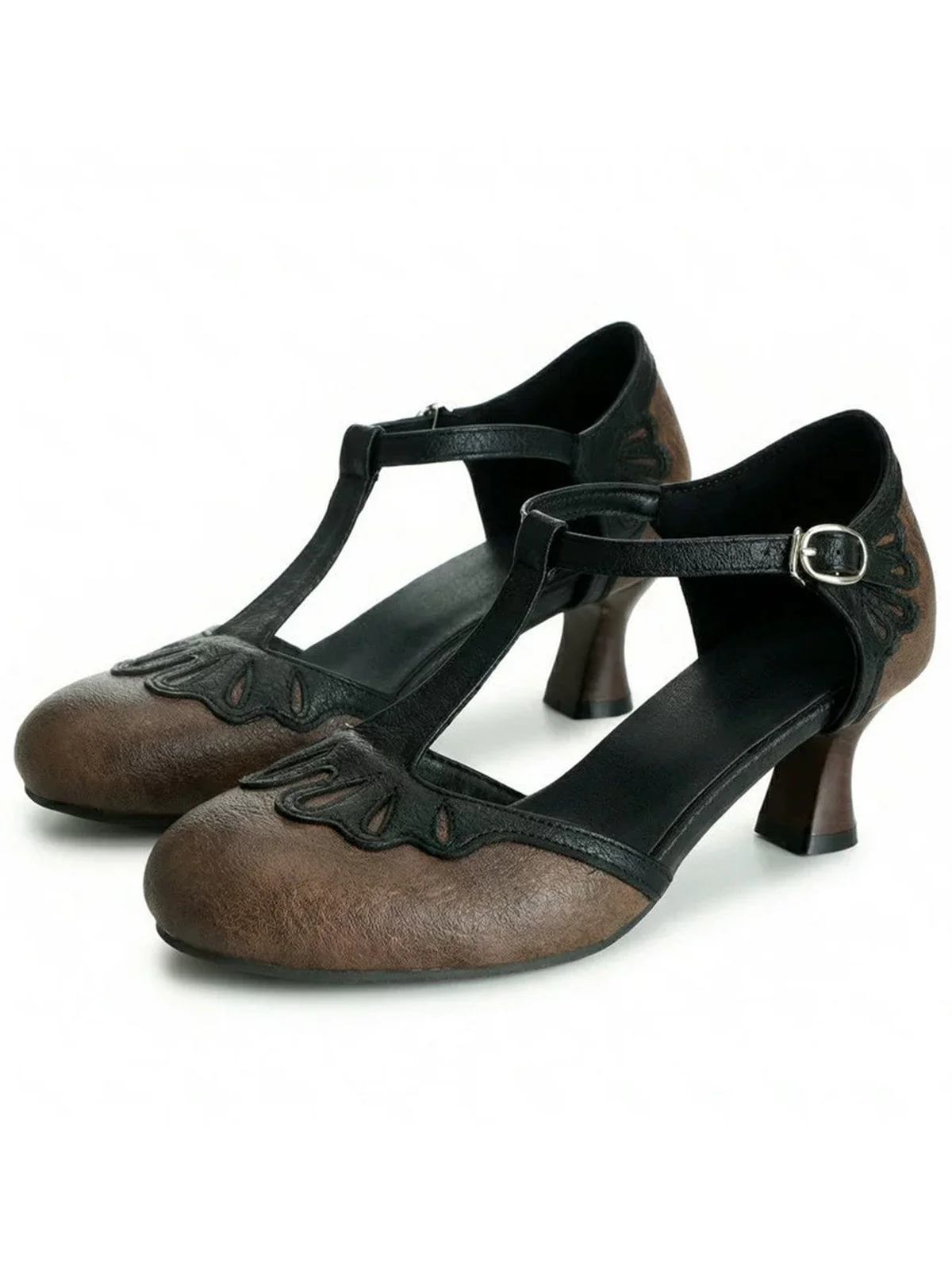 Vintage Round-Toe T-Strap Chunky Heels - Image 4