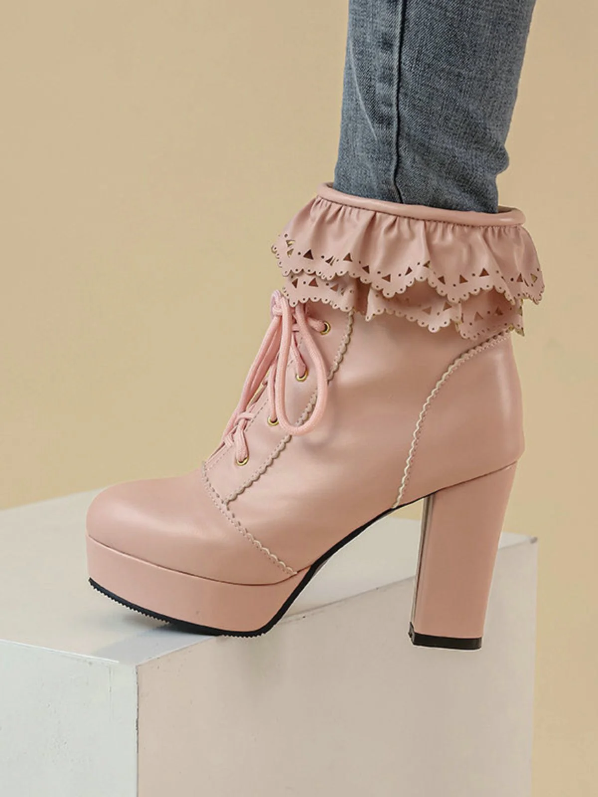 Vintage Ruffled Lace-Up Chunky High Heel Boots - Image 11