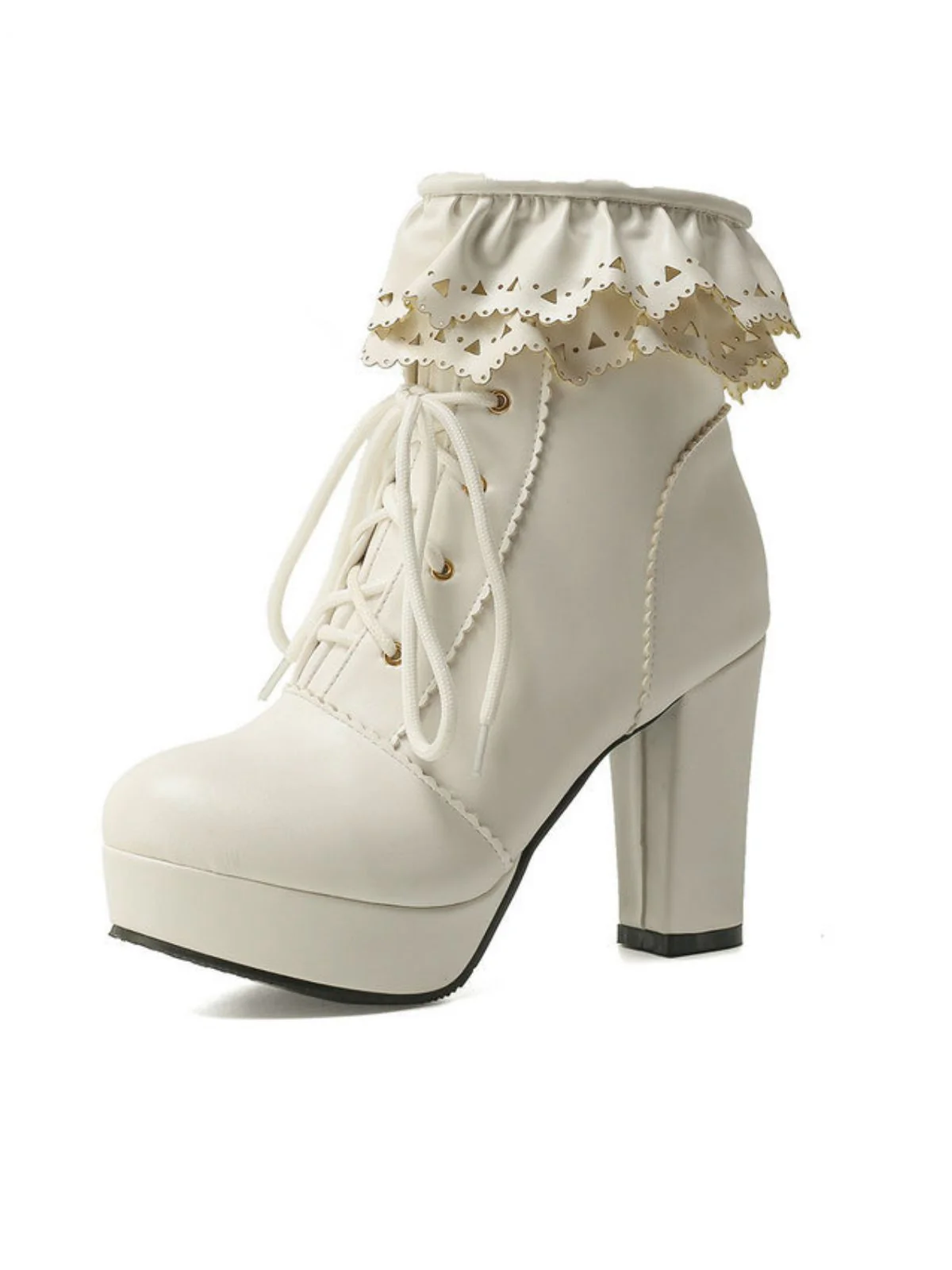 Vintage Ruffled Lace-Up Chunky High Heel Boots - Image 12