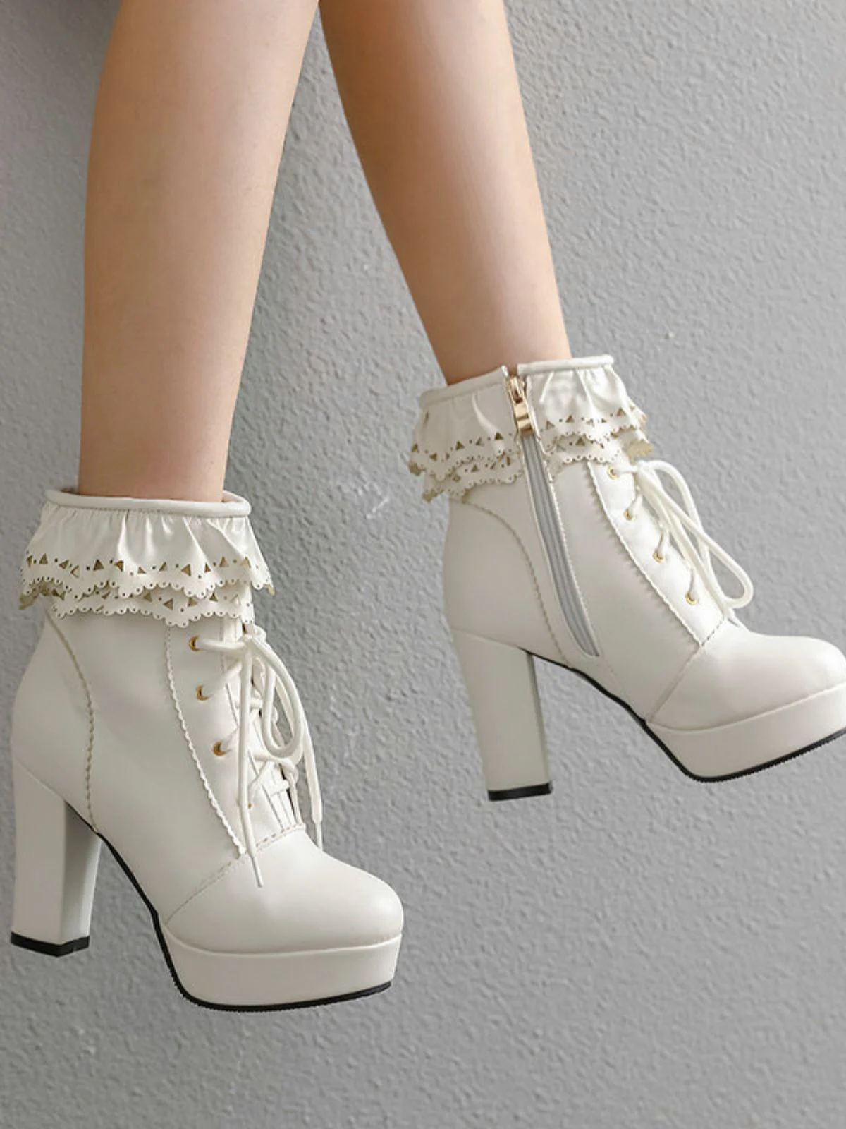 Vintage Ruffled Lace-Up Chunky High Heel Boots - Image 13
