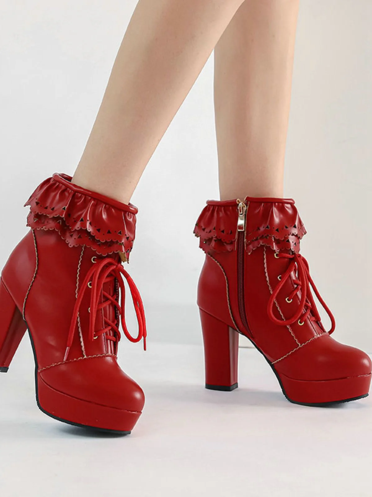 Vintage Ruffled Lace-Up Chunky High Heel Boots - Image 2