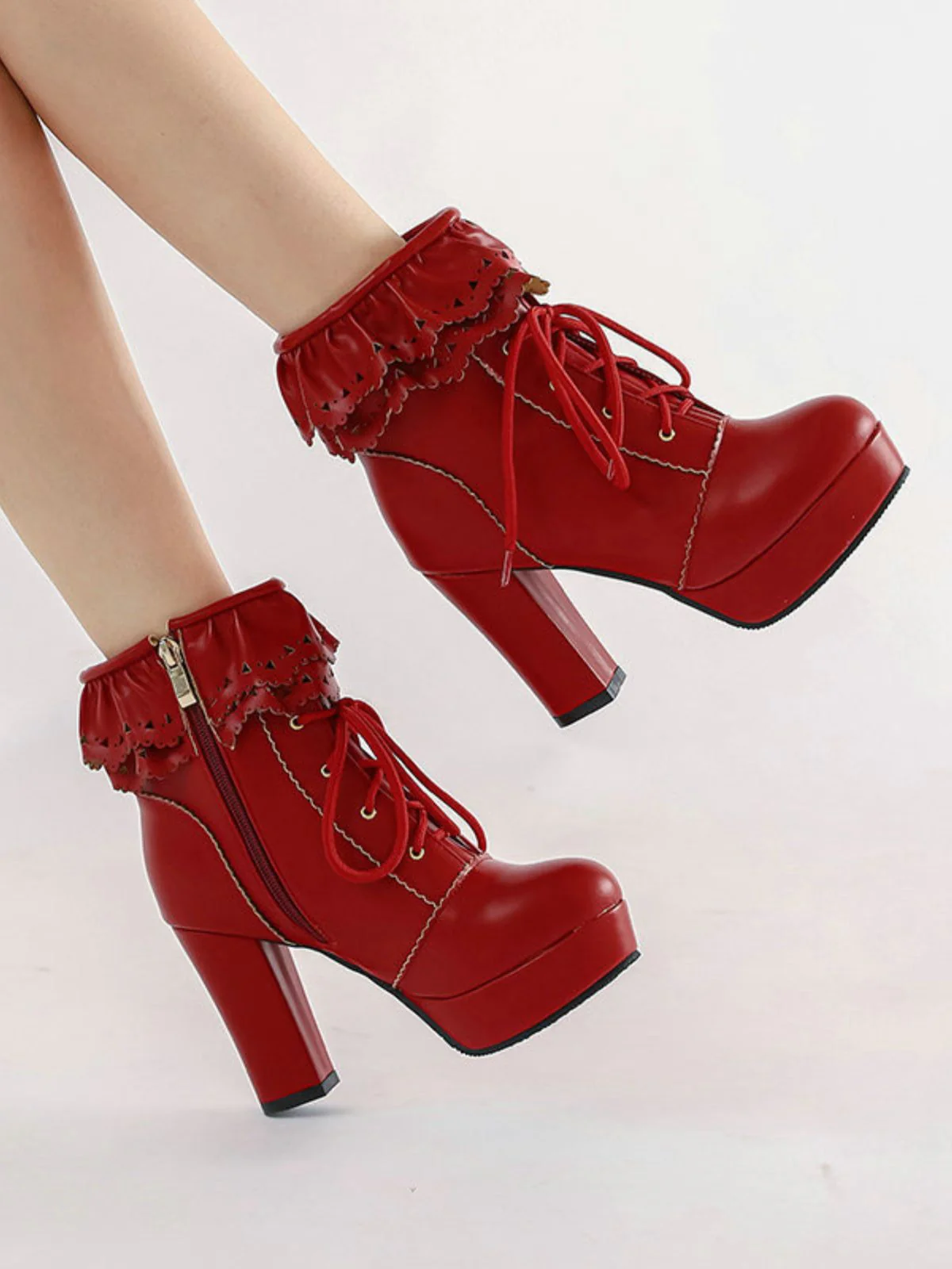 Vintage Ruffled Lace-Up Chunky High Heel Boots - Image 3