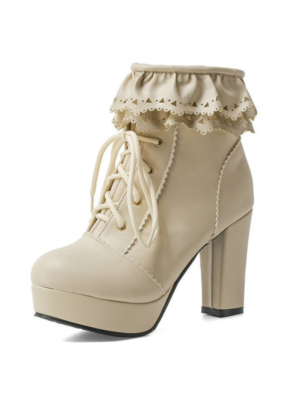 Vintage Ruffled Lace-Up Chunky High Heel Boots - Image 4