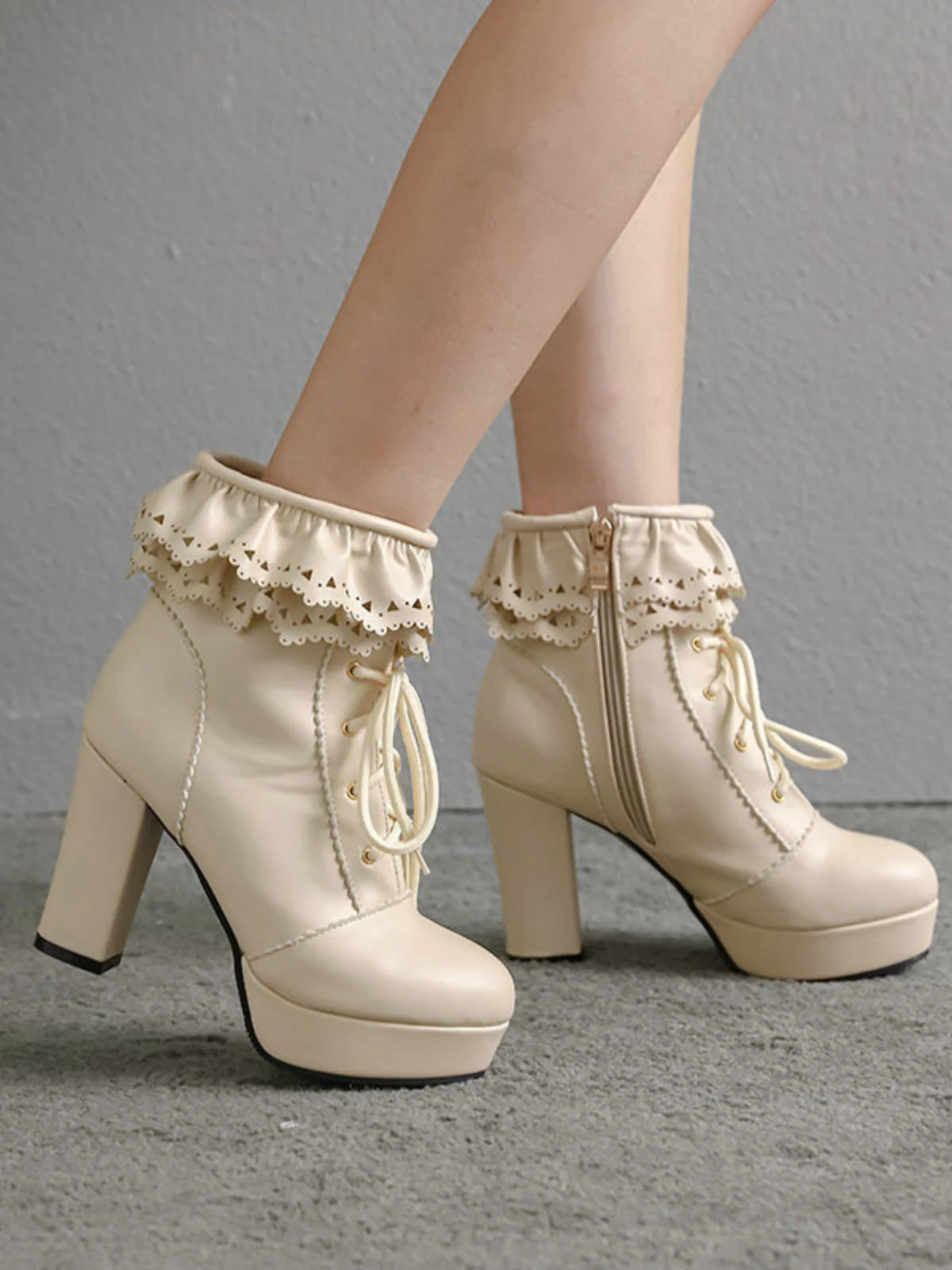 Vintage Ruffled Lace-Up Chunky High Heel Boots - Image 5