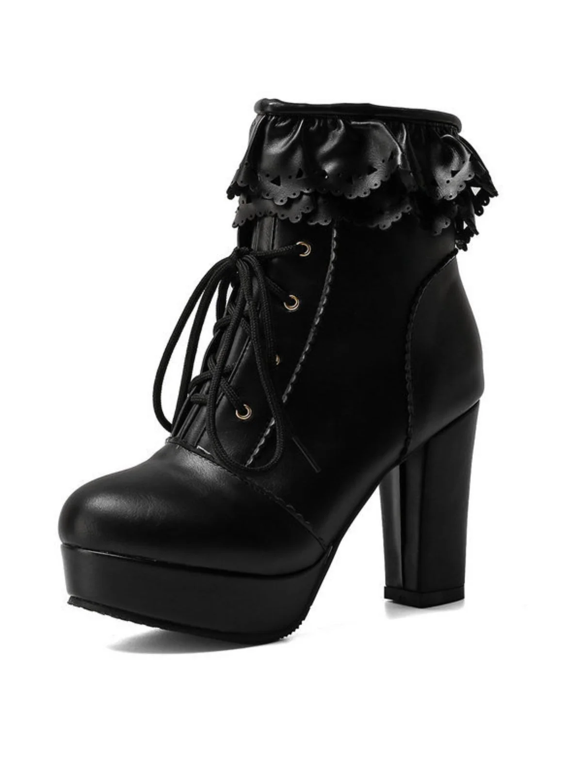 Vintage Ruffled Lace-Up Chunky High Heel Boots - Image 6
