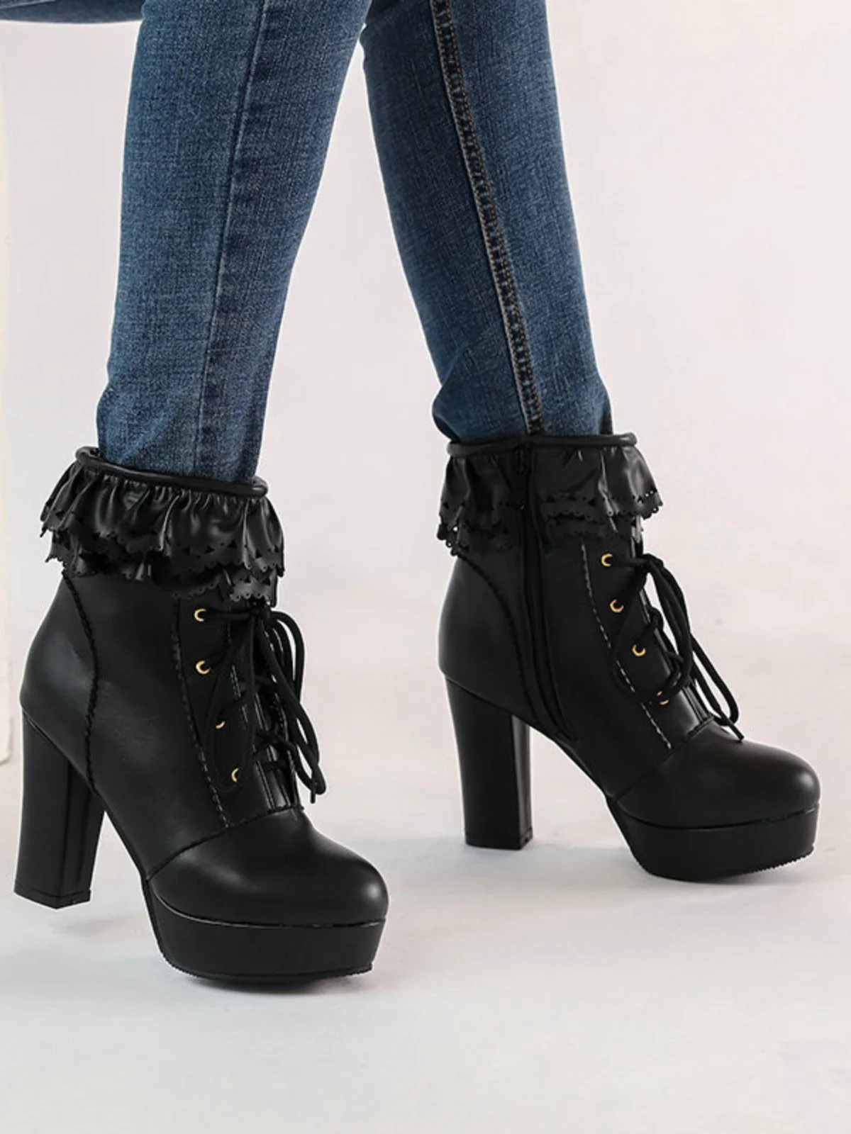 Vintage Ruffled Lace-Up Chunky High Heel Boots - Image 7