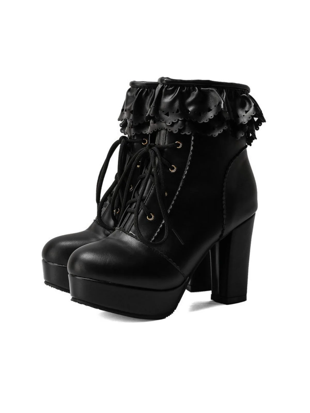 Vintage Ruffled Lace-Up Chunky High Heel Boots - Image 8