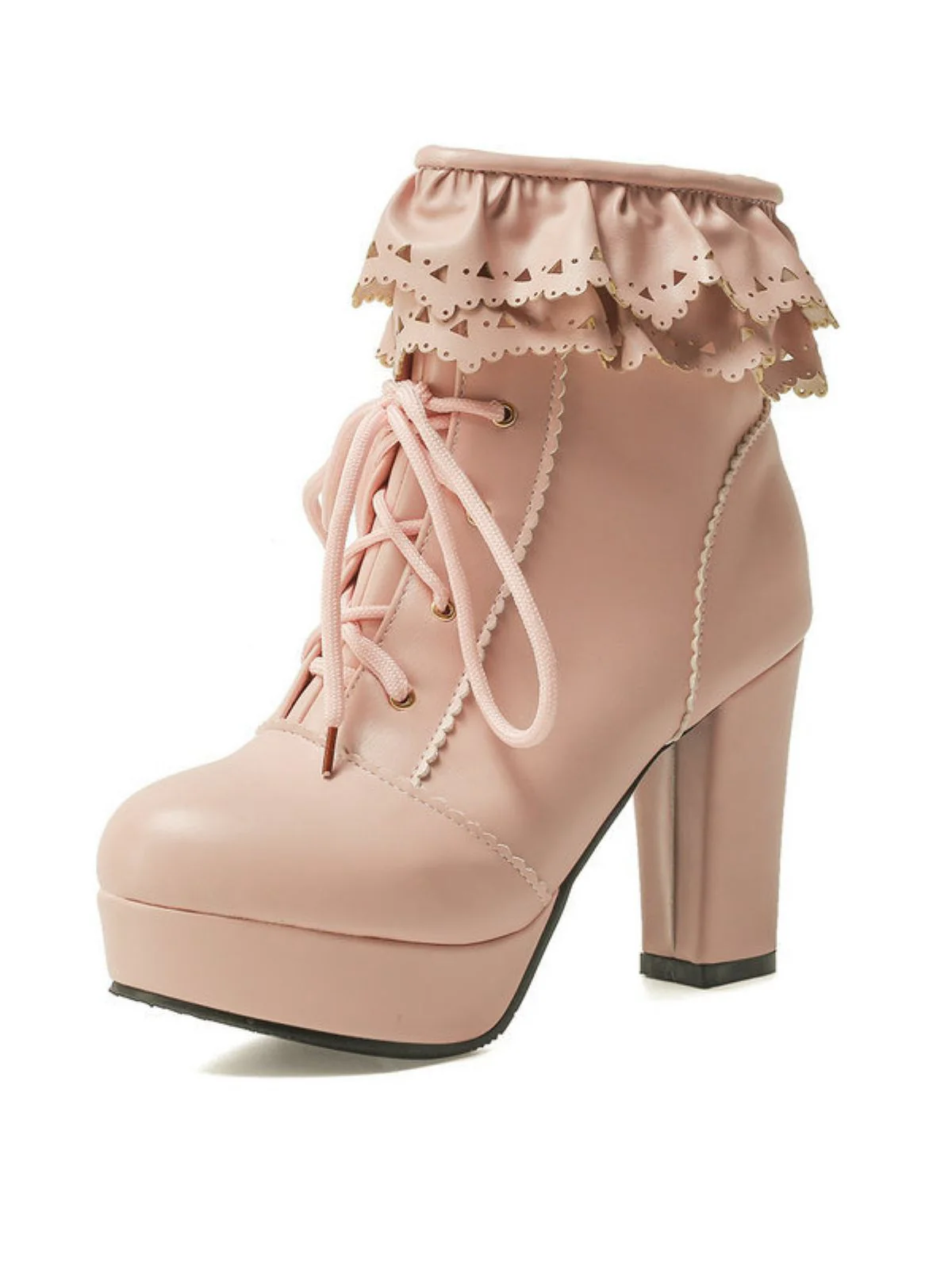Vintage Ruffled Lace-Up Chunky High Heel Boots - Image 9