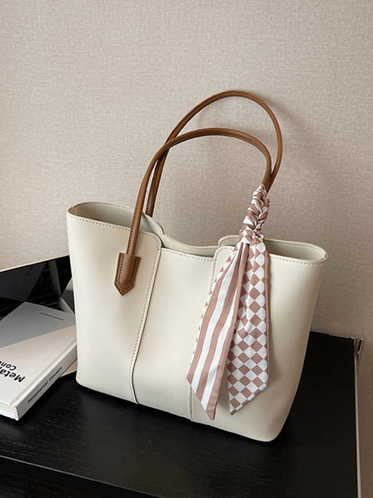 Vintage Scarf-Tied Shoulder Tote Bag - Image 5