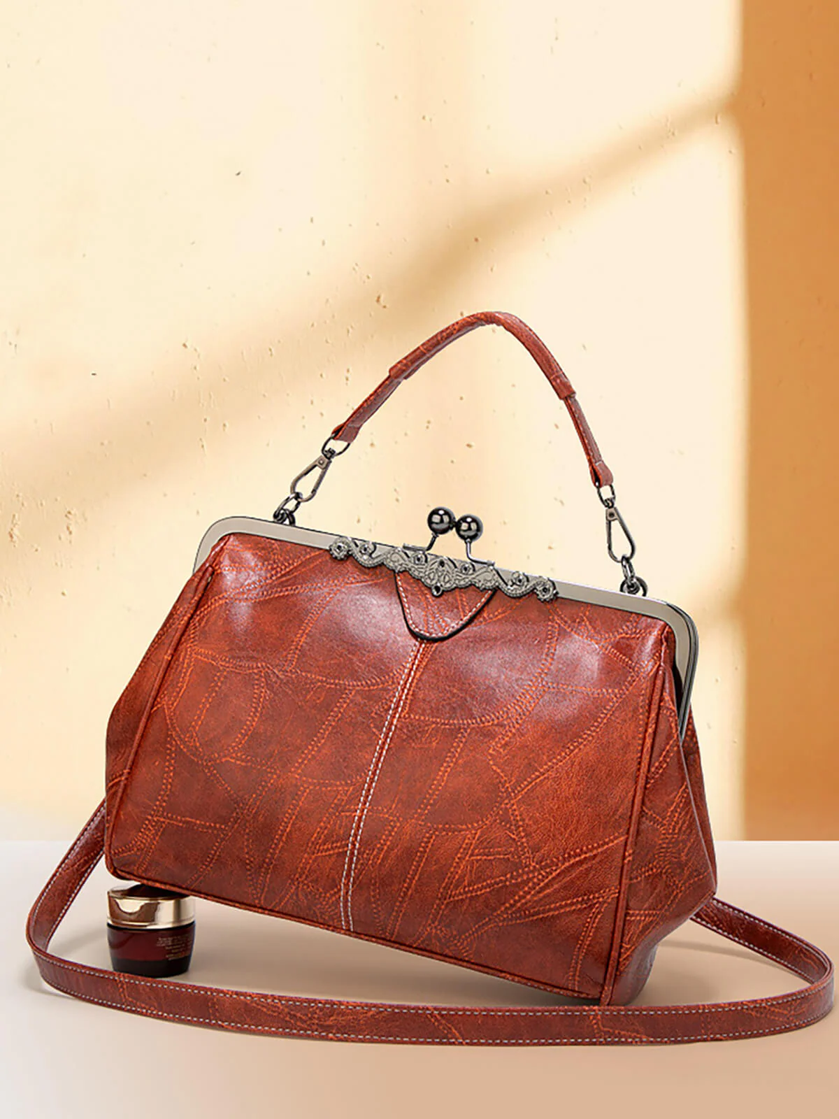 Vintage Solid Artificial Leather Handbag Crossbody Bag - Image 4