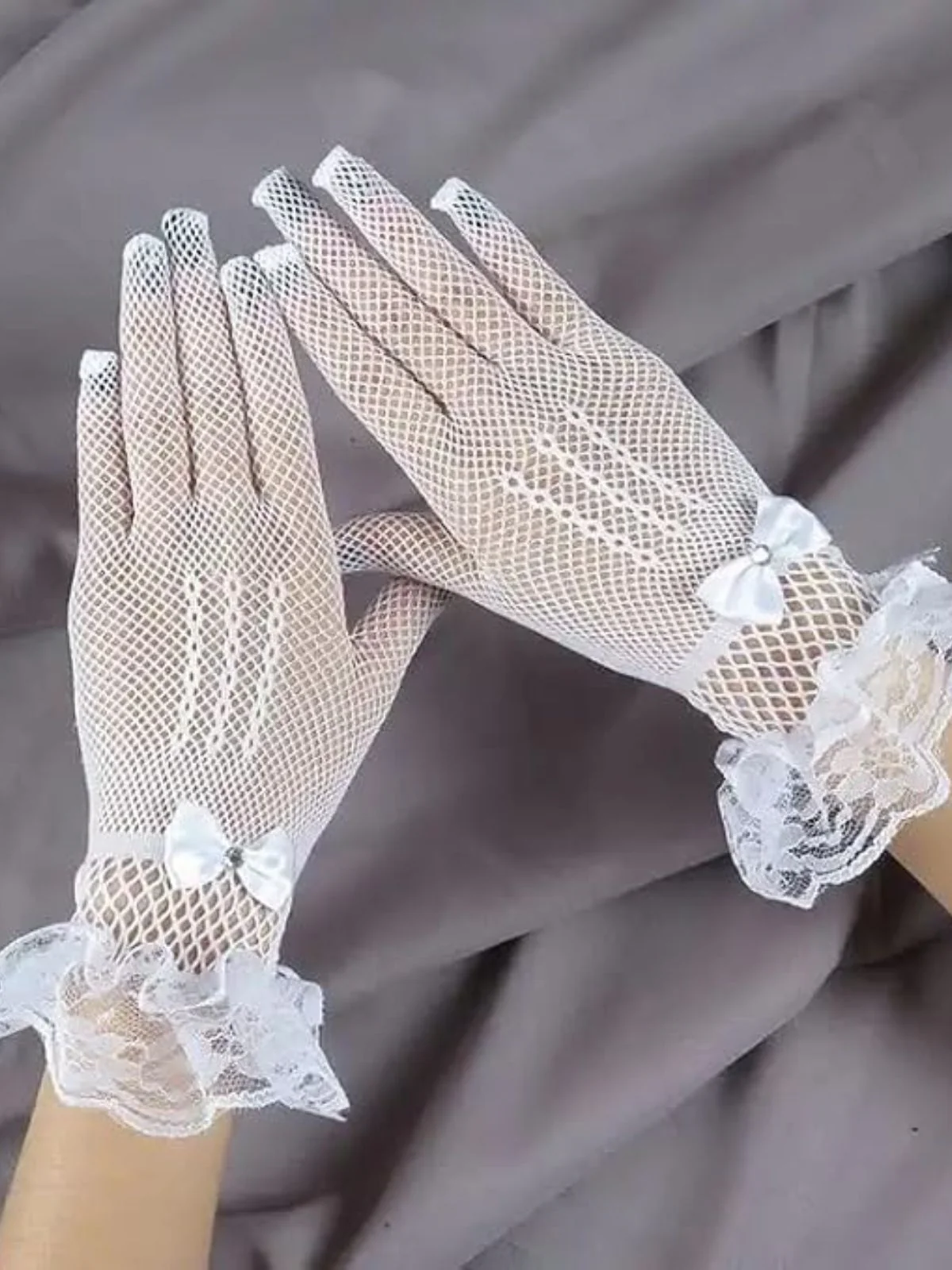 Vintage Solid Bow Lace Gloves - Image 7