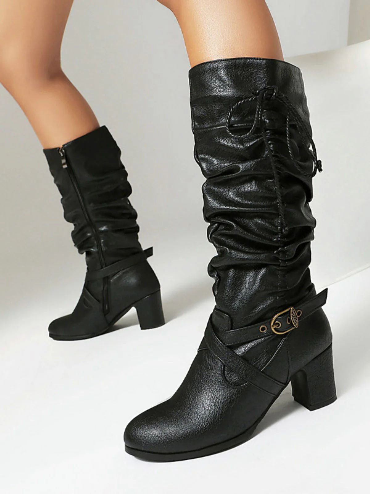 Vintage Solid Buckle Ruched Chunky Heels Boots - Image 2