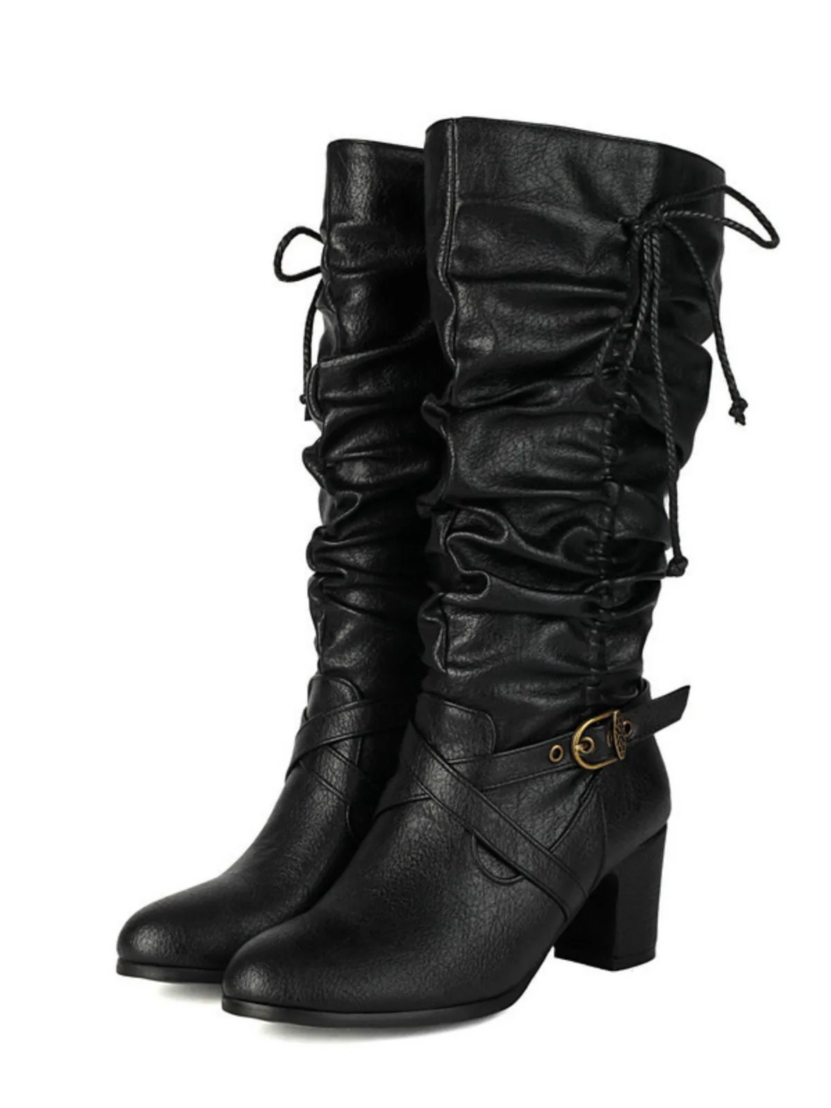 Vintage Solid Buckle Ruched Chunky Heels Boots - Image 3