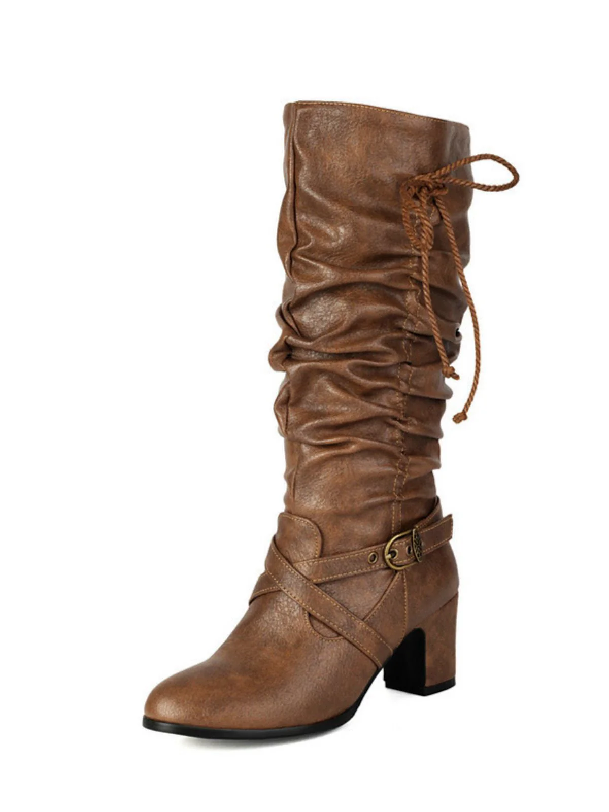 Vintage Solid Buckle Ruched Chunky Heels Boots - Image 5