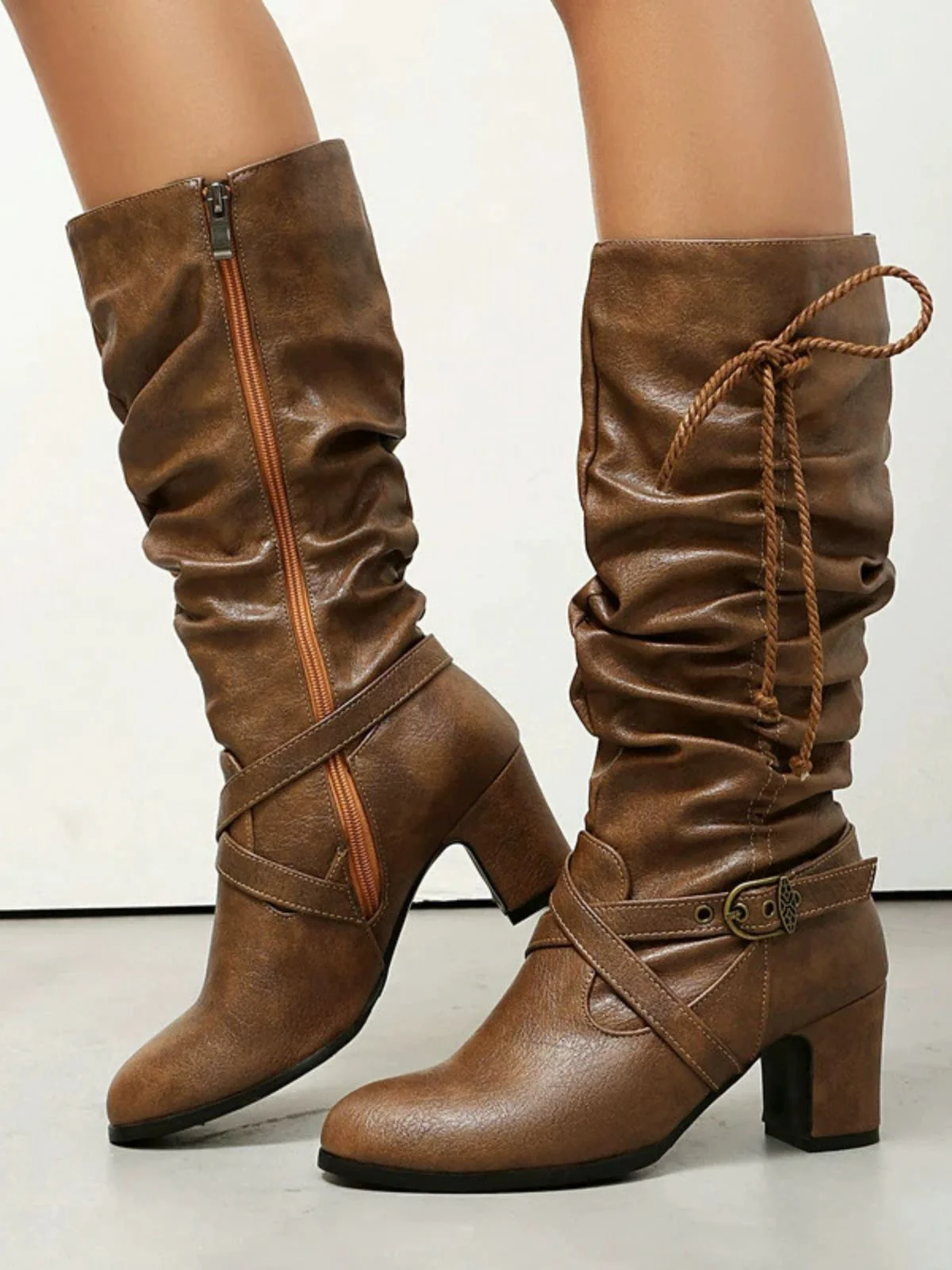 Vintage Solid Buckle Ruched Chunky Heels Boots - Image 6