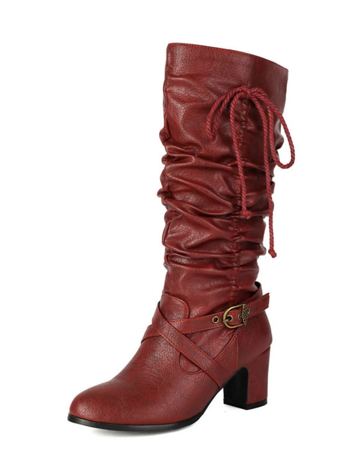 Vintage Solid Buckle Ruched Chunky Heels Boots - Image 8