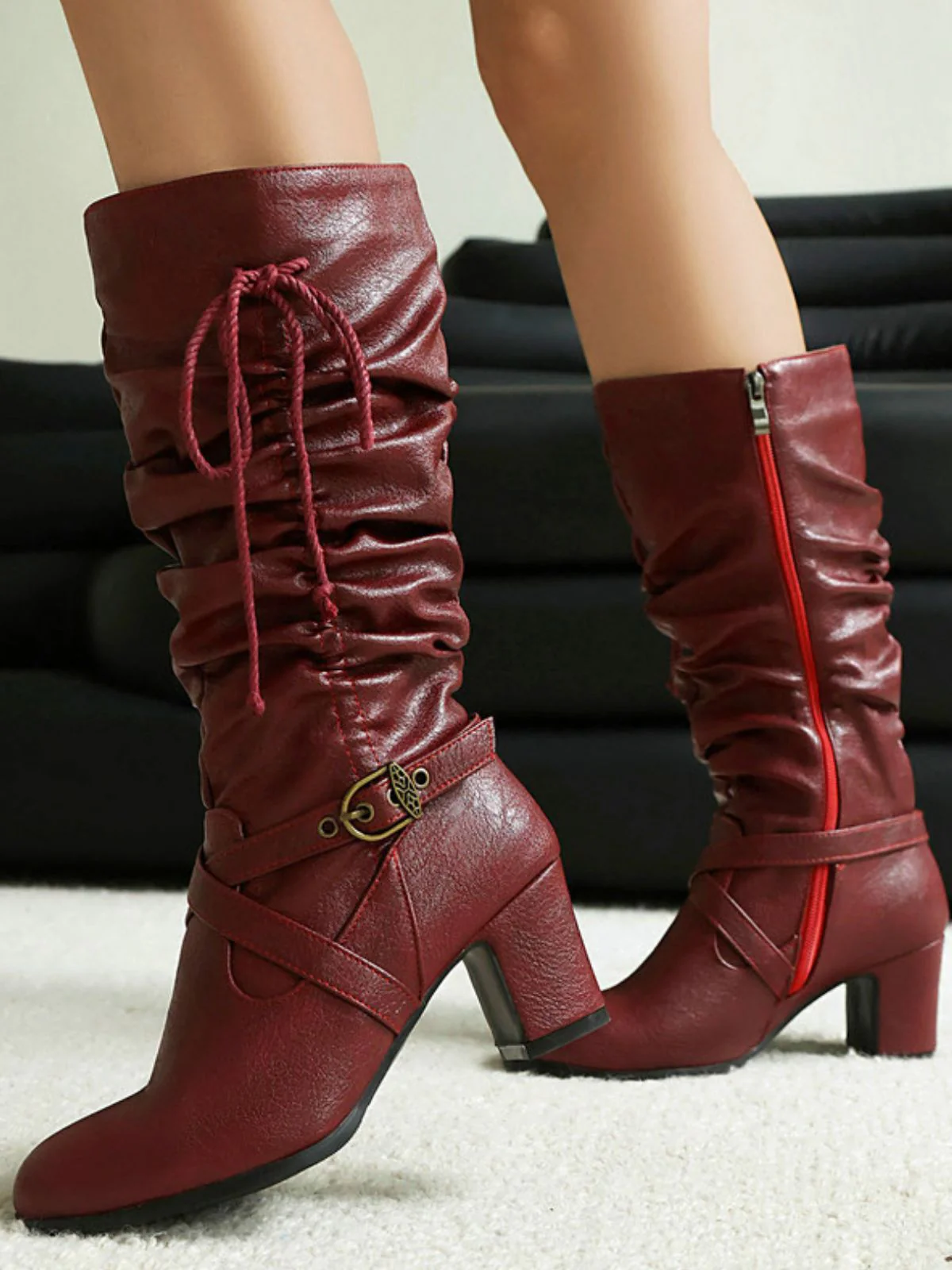 Vintage Solid Buckle Ruched Chunky Heels Boots - Image 9