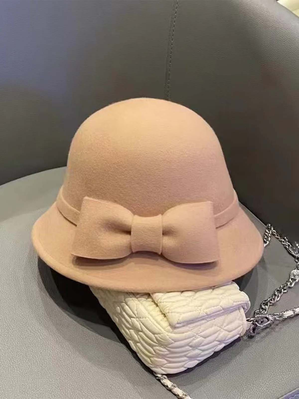 Vintage Solid Faux Wool Bowknot Cloche Hat - Image 2