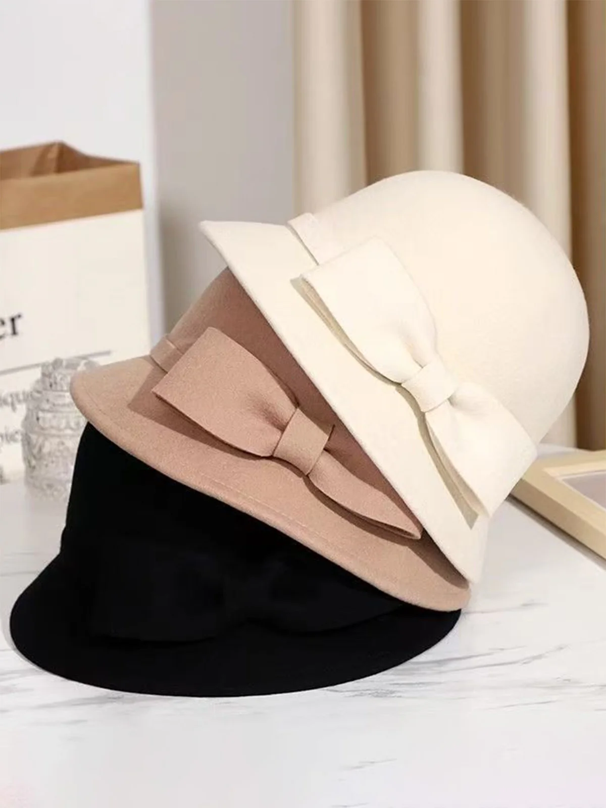 Vintage Solid Faux Wool Bowknot Cloche Hat - Image 5