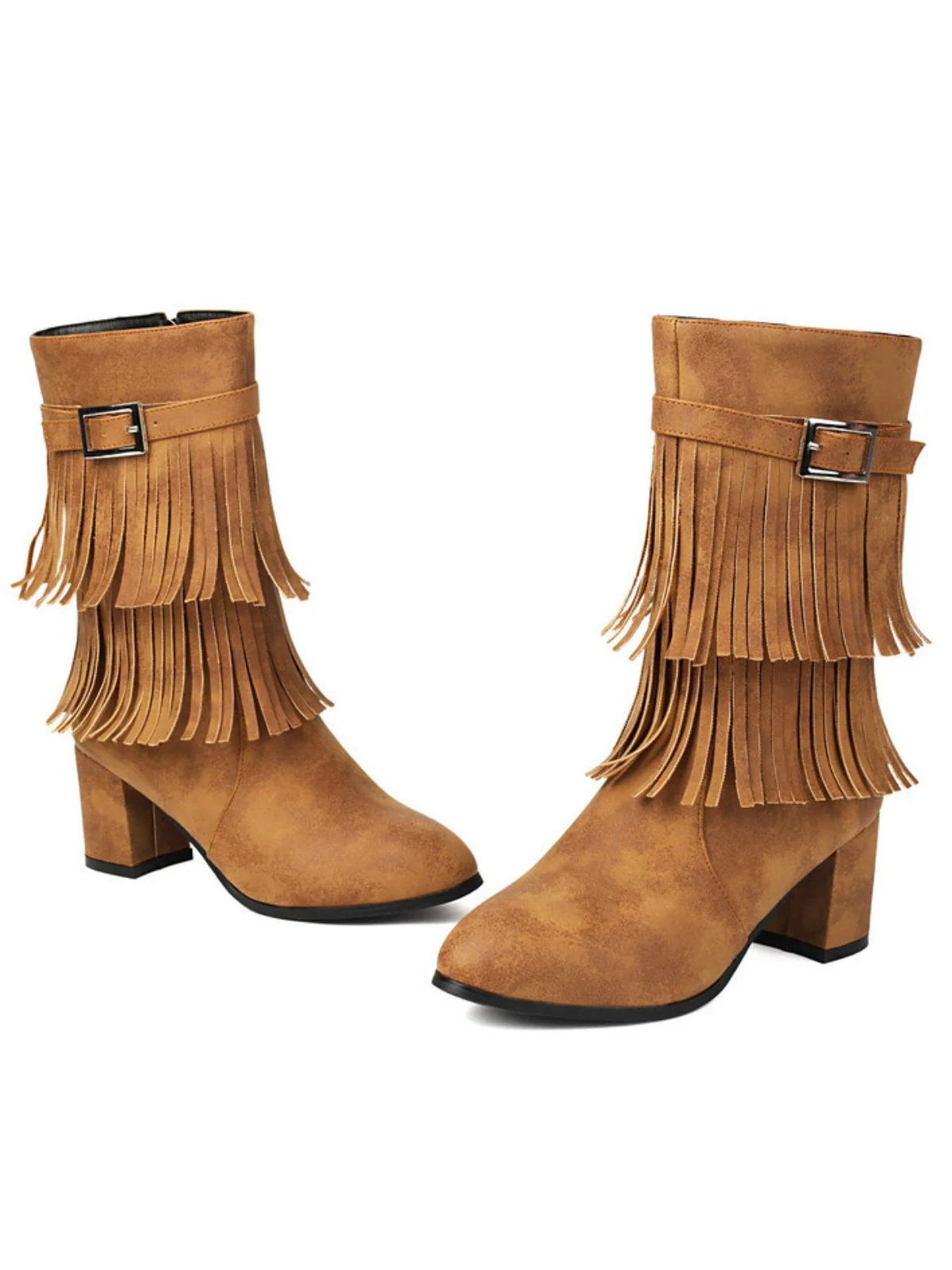 Vintage Solid Fringe Suede Chunky High Heel Boots - Image 10