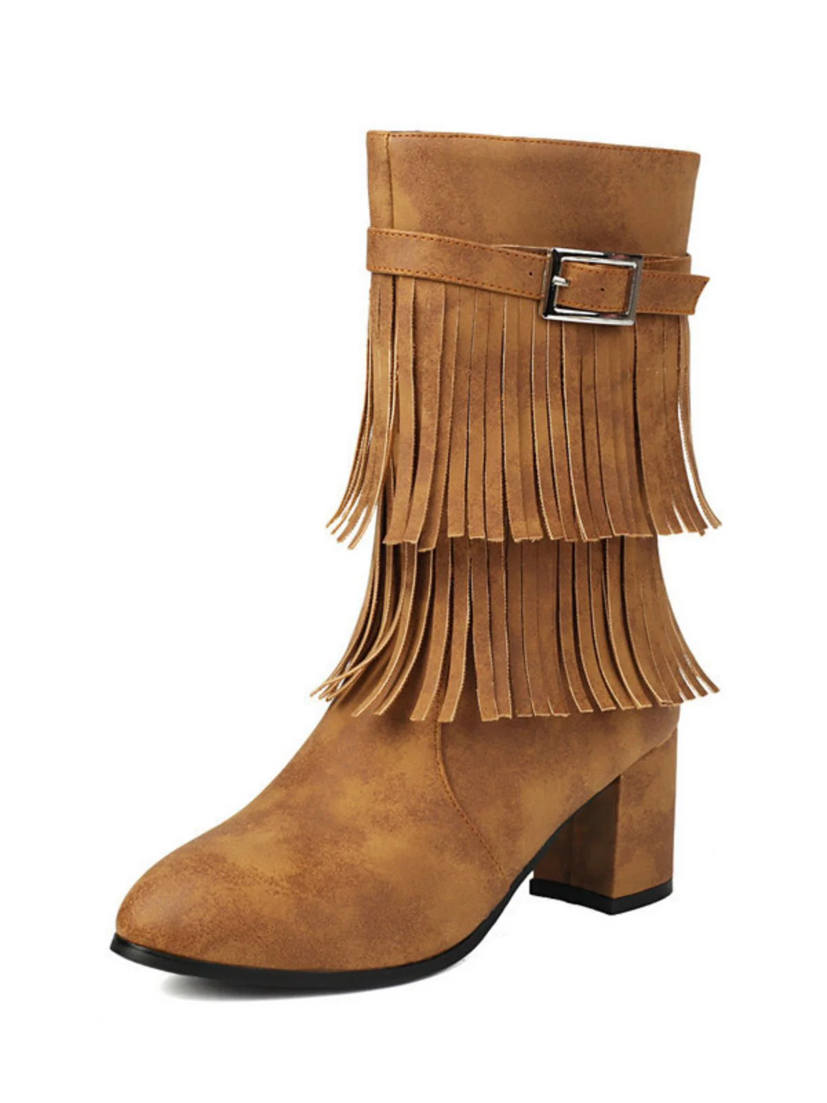 Vintage Solid Fringe Suede Chunky High Heel Boots - Image 11